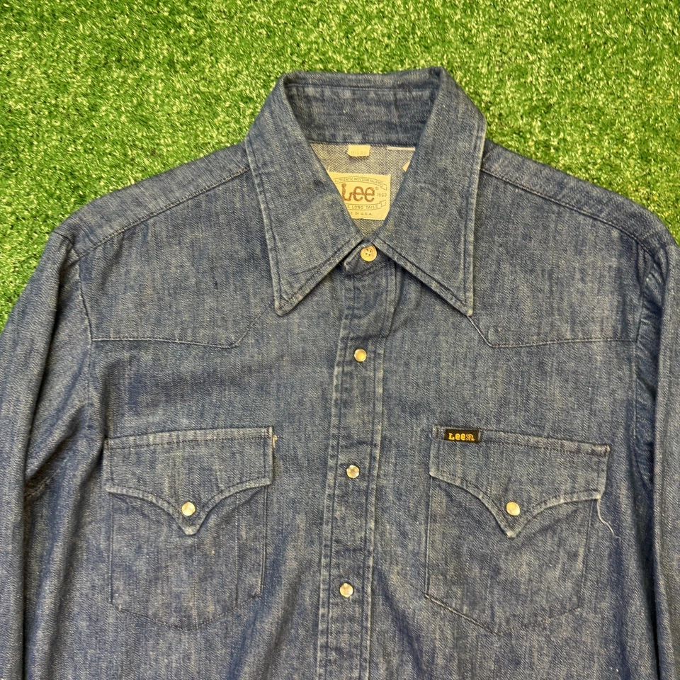 Vintage 70s LEE Denim Chainstitch Pearl Snap Men's Western Shirt Size 15 1/2 33 - Image 3 of 4