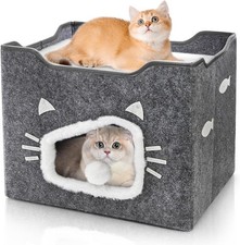 Cat House Indoor Cats Large Covered Cat Bed W/ Cushion Pad Fluffy Ball Hanging