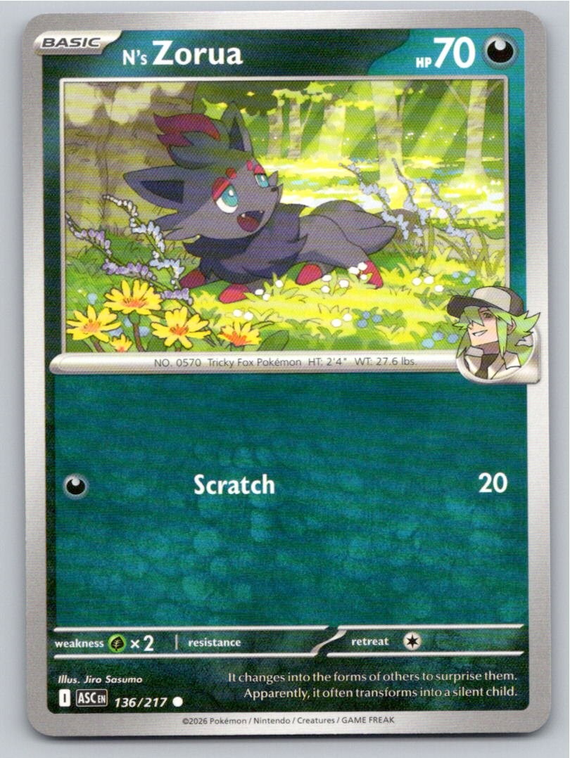 2026 POKEMON N'S ZORUA ASCENDED HEROES 136/217 COMMON NM A4942 FREE S&H