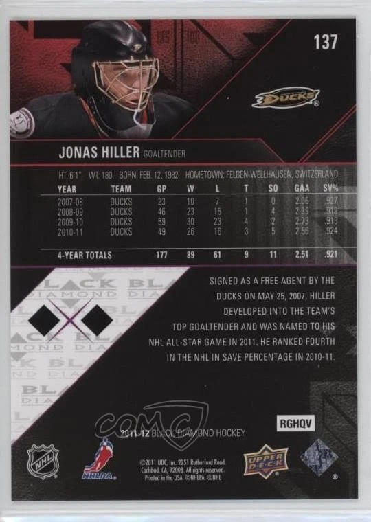 2011-12 Upper Deck Black Diamond Jonas Hiller #137 - Image 2 of 2