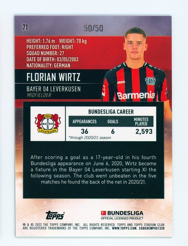 2021-22 Florian Wirtz Topps Stadium Club Chrome Gold Refractor Card 50/50 - Picture 2 of 3