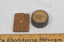 antique sewing pin holder  round wooden and leather silk needle case 2pcs