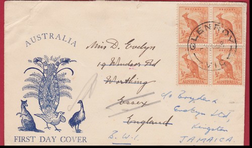 Australia 1938 1/2d Roo Block 4 ALEX KUFNER FDC SUSSEX GB Strike Slogan Reverse