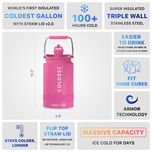 COLDEST One Gallon Sports Water Bottle, 128oz Gallon (Straw Lid) Gallon Jug - Picture 72 of 223