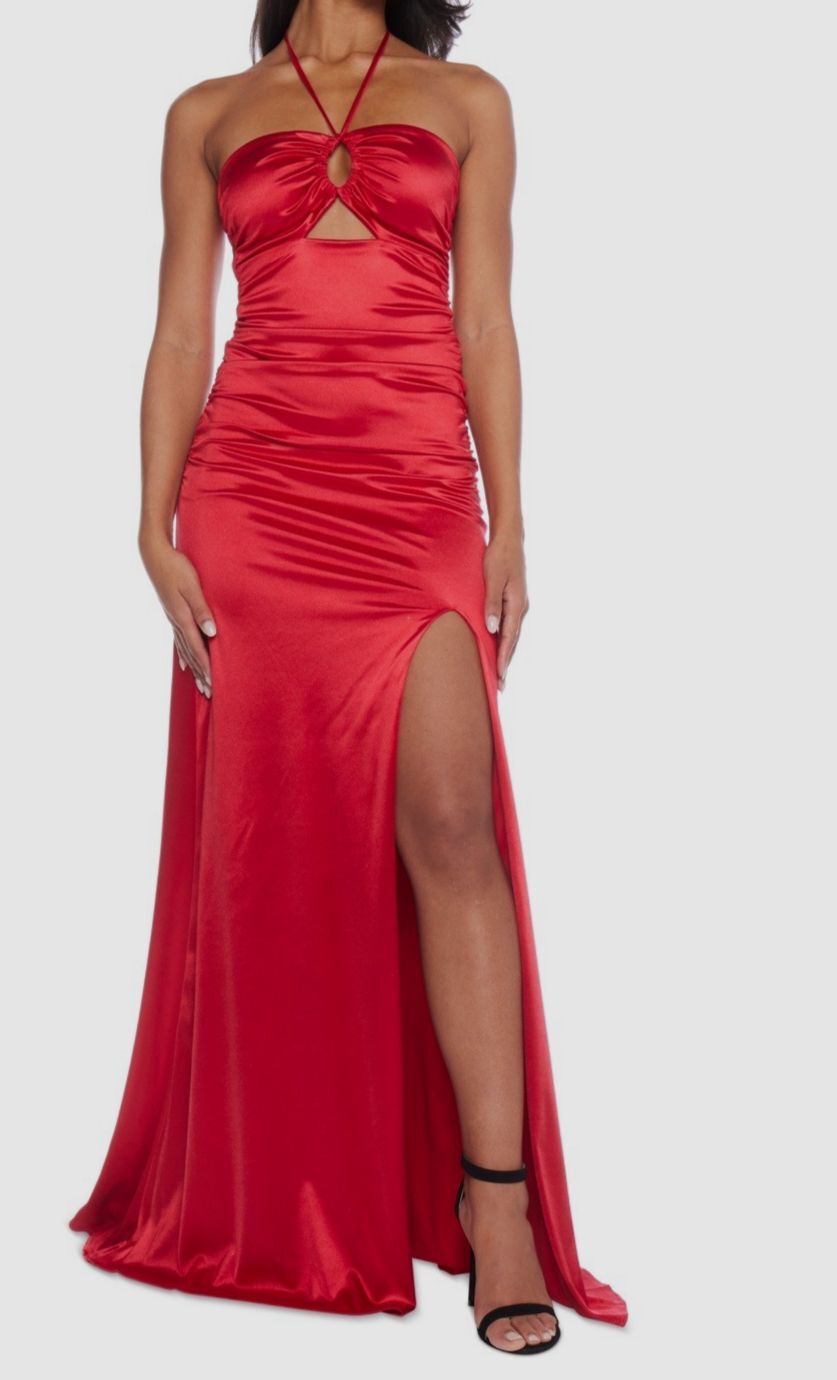 B Darlin Women Red Juniors' Satin Keyhole Halter Gown Size 13/14