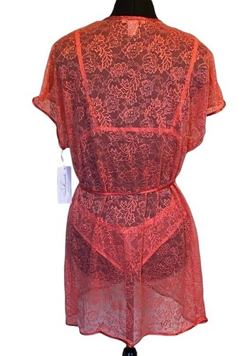 NWT- Linea Donatella Sexy Coral Lace Teddy & Wrap Robe 2pc Lingerie Set $72 - Picture 7 of 15