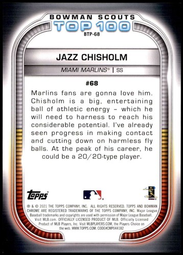 Jazz Chisholm 2021 Bowman 5x7 Scout's Top 100 Gold #BTP-68 7/10 Marlins - Picture 2 of 2