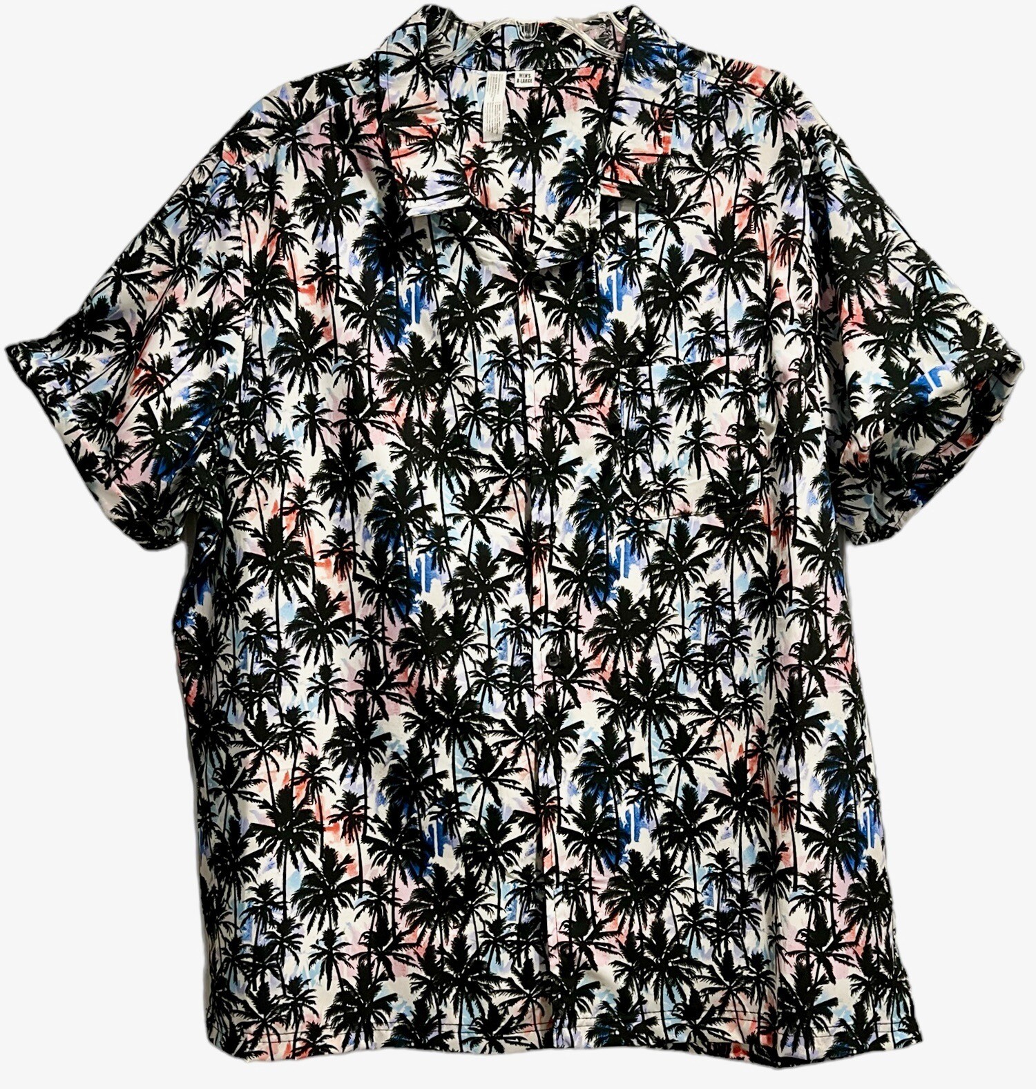Tropical Palm Tree Shirt Mens Size XL Short Cuffed Sleeves Pocket Button Up