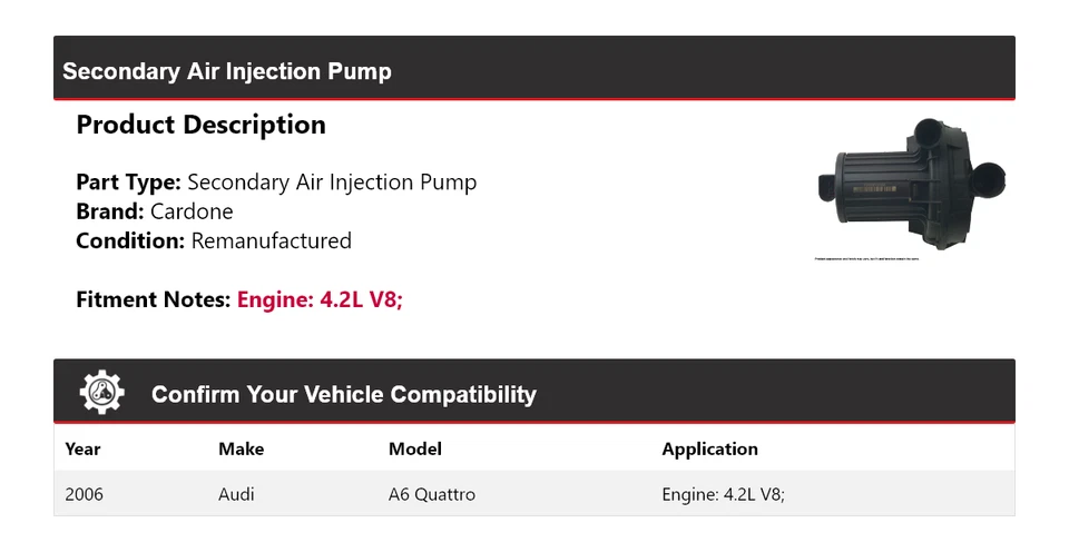 Bomba de injeção de ar secundária Cardone para 2006 Audi A6 Quattro 4.2L V8 - Imagem 2 de 4