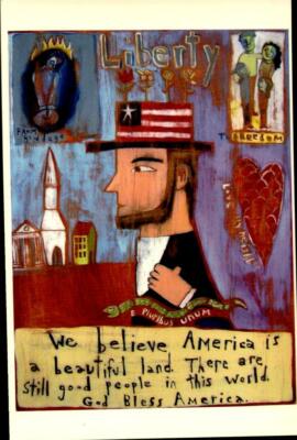 PICTURE POSTCARD- ''GOD BLESS AMERICA'' HOVEY'S CIDER HOUSE FOLK ART AD BK44