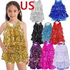 Kids Girls Halter Neck Shiny Sequins Tiered Dress Modern Jazz Latin Dancewear