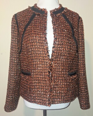 Black Label by Chico's Sz 1 Metallic Rust Brown Tweed Fray Edge Blazer Pockets
