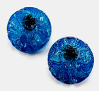 Pierced Earrings Round Royal Blue Lucite Transparent Patterned Textured Vintage