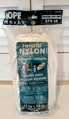Lehigh,3/8in x 50ft Twisted Nylon Rope White, 278lb Working Load Limit,NPP850