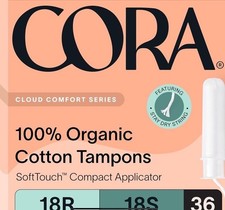 Cora 100 Organic Tampon 18 Super Plus ,18 Regular BPA-Free Applicator 2Pack 
