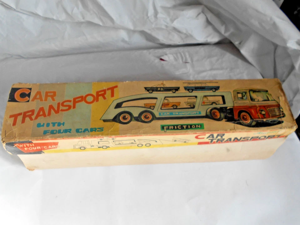 Giocattolo di latta vintage Shanghai porcellana rossa MF 868 auto trasportatore + 4 auto anni 60 in scatola - Immagine 2 di 4