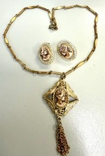 Vintage Cameo Necklace Clip Earrings Set Gold Tone Tassel Pendant Mid Century