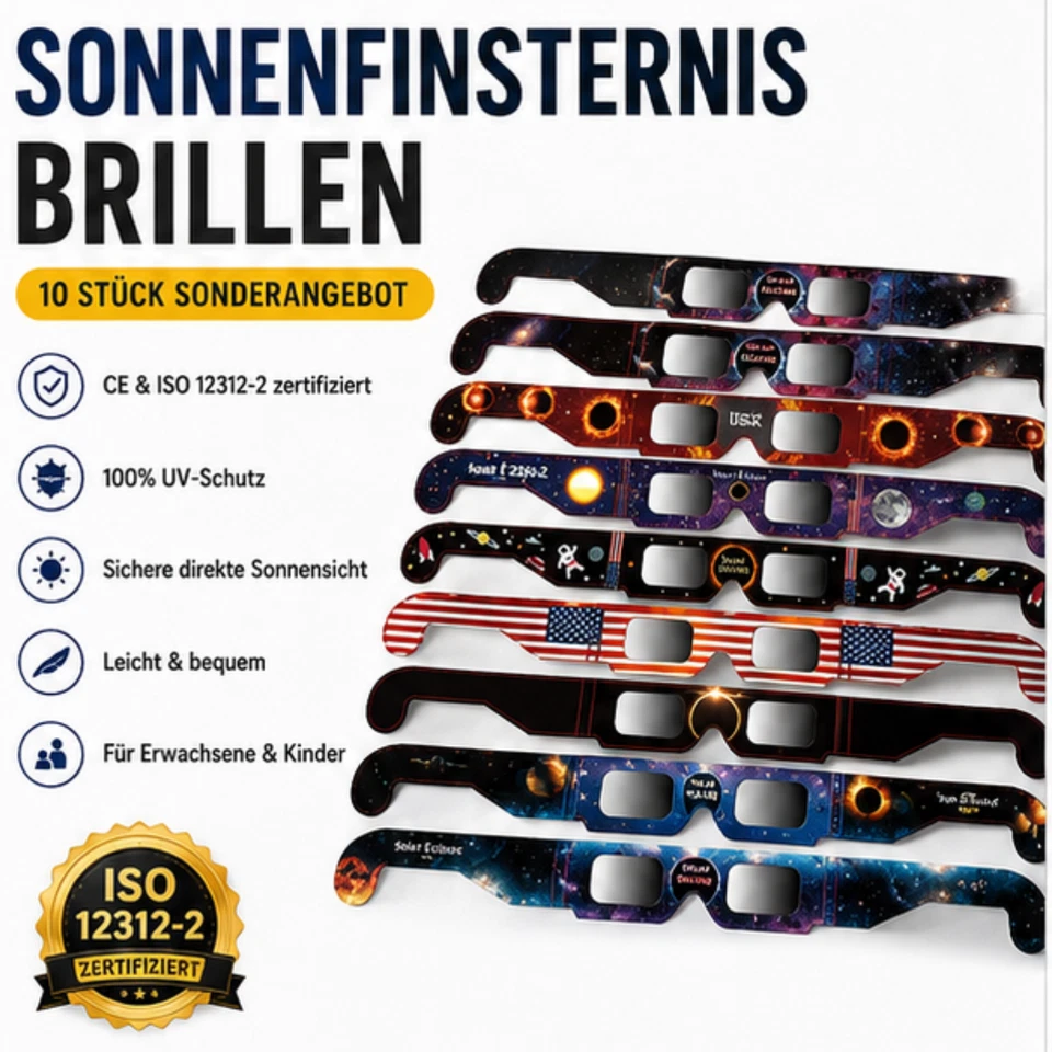 10 Stück Sonderangebot Sonnenfinsternis Brille CE ISOzertifiziert Sicher Sonnens - Bild 1 von 4