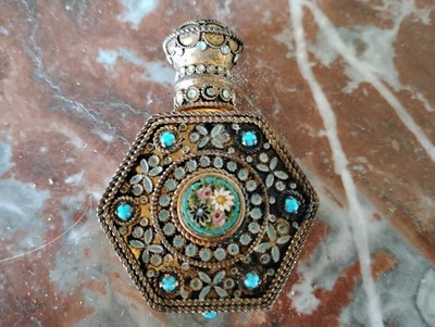 Antique Micro-Mosaic Floral Daisy Blue Perfume Bottle Chain Cap Miniature Ormolu