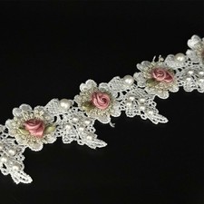 1 Yard Vintage White Pearl Beads Rose Flowers Embroidered Lace Edge Trim
