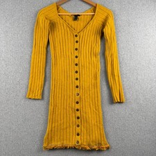 Forever 21 Dress Womens Small Ribbed Knit Mustard Yellow Button Down Fringe Hem