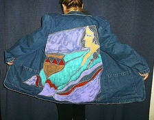 VTG 80s Hand Painted Southwest Denim Jean Aztec ART WEAR Blazer Jacket Coat XL