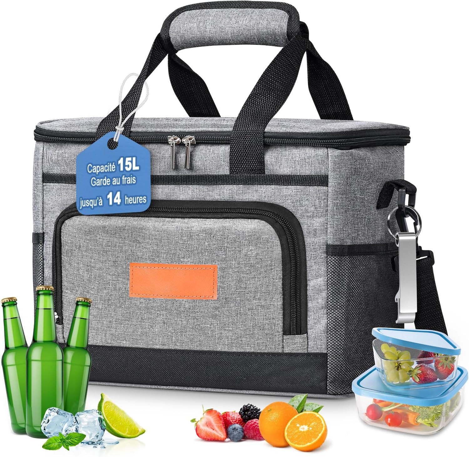 Sac isotherme repas 15L compact gris pour déjeuner au bureau