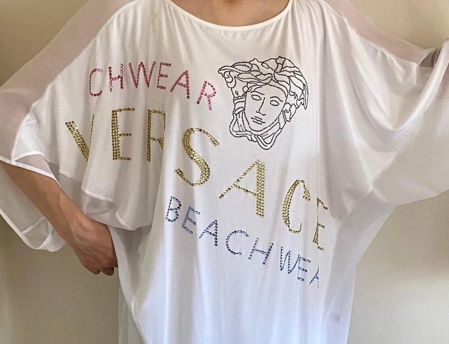 Abito top Versace bianco con logo Medusa UK12 16 US10 14 caftano nuovo