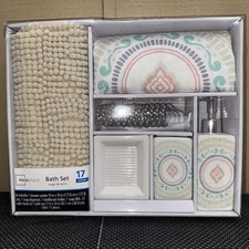 NEW 17 piece bath set curtain rug soap dish t...