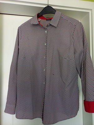 Walbusch Damen-Langarm-Bluse -Gr. 44  -Extraglatt- weiß/rot/blau gemustert-NEU