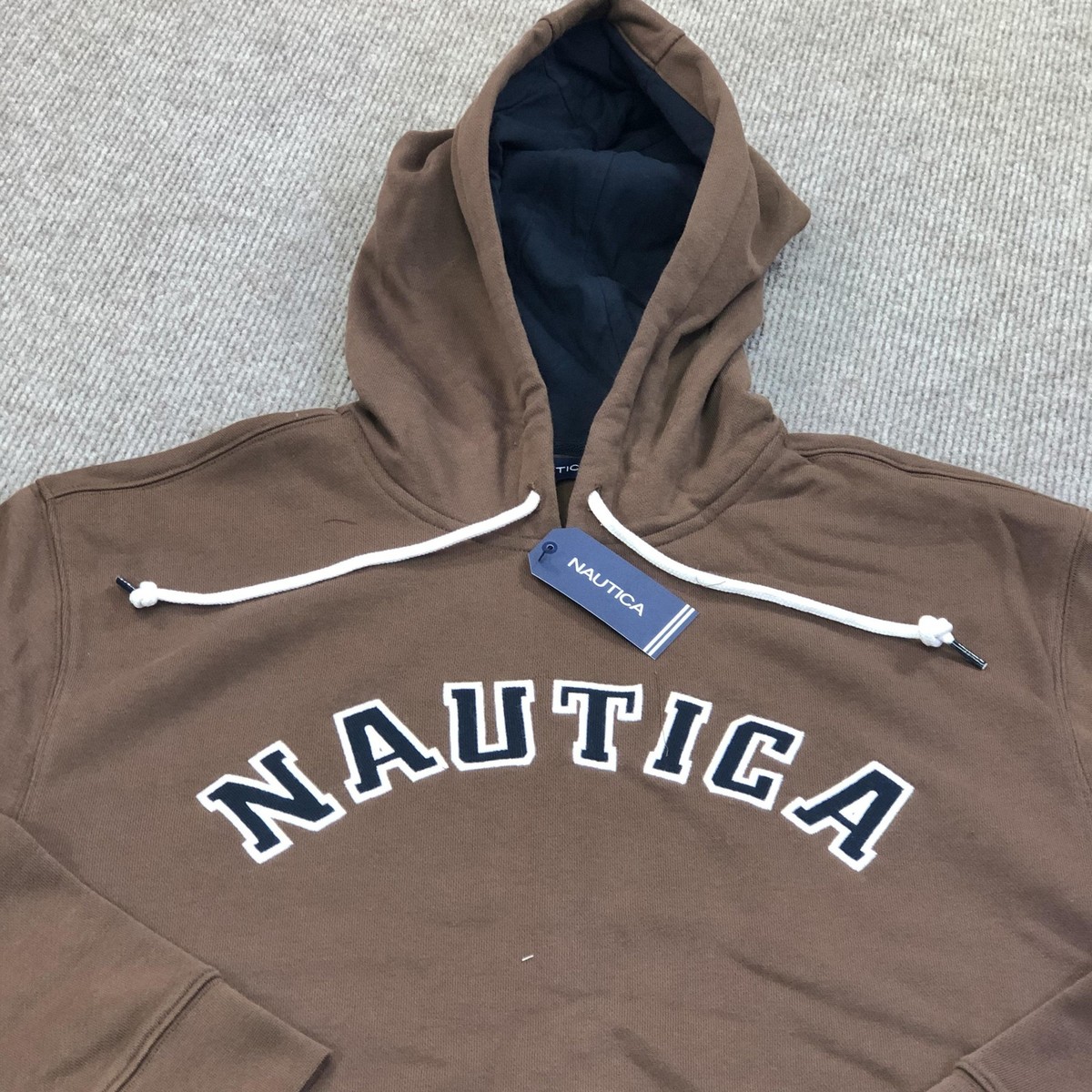 Nautica Hoodie Sweatshirt Mens Medium Brown Fleece Pullover 