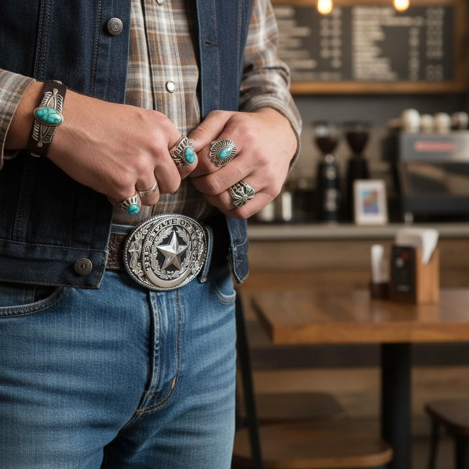 Men Silver Metal Belt Buckle Western Cowboy Texas State Lone Star Biker Jewelry - Image 2 of 4