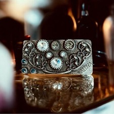 Rare BELT BUCKLE BALIZZA Signature Crystal Embossed Floral Ornate Brass Buckle