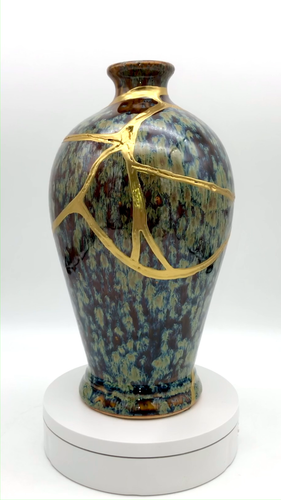 Kintsugi Vase 10” Glazed Pottery Gold Crack Art Personal Growth Anniversary Gift - Video 1 of 1