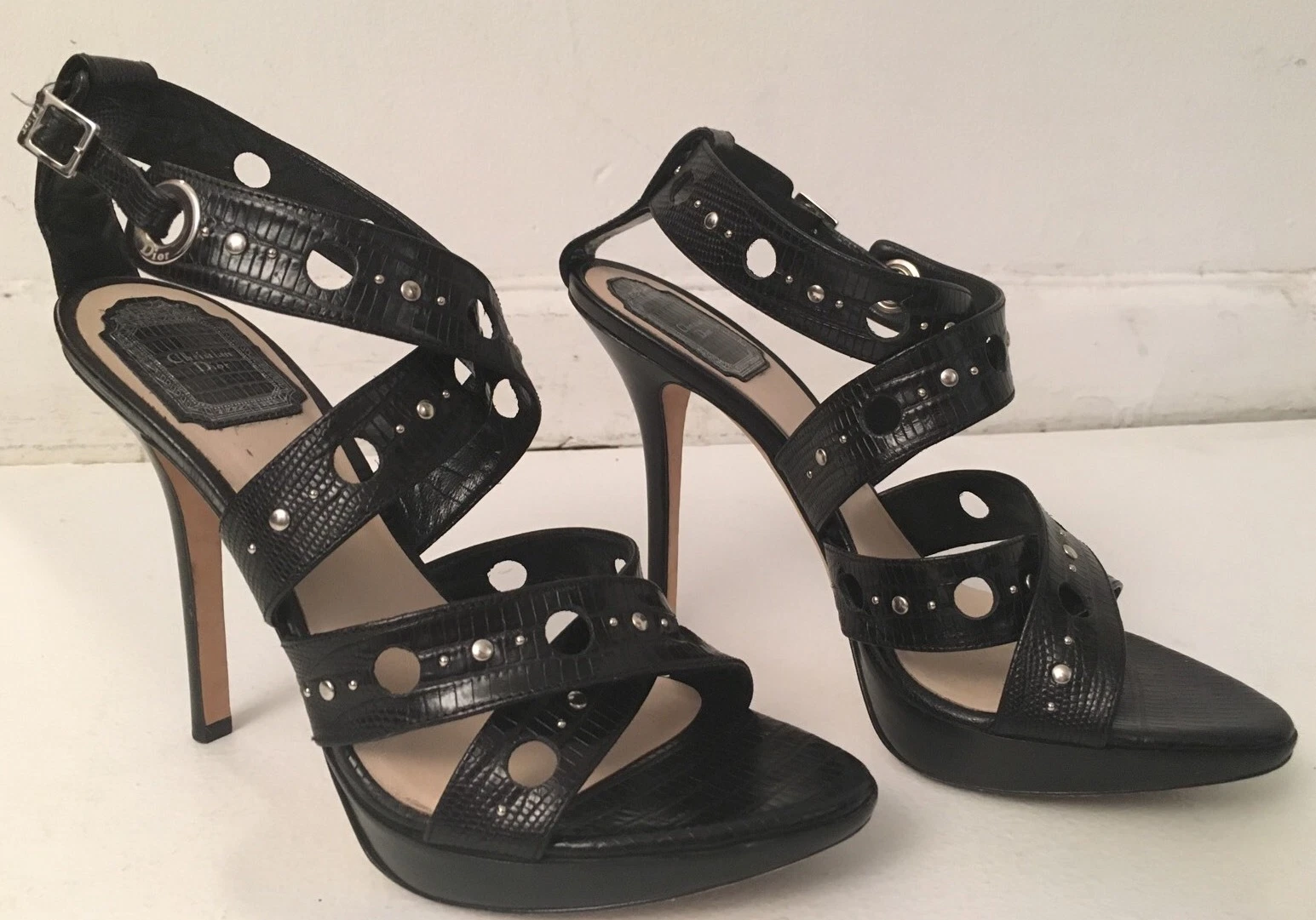 NEUF Sandales Christian Dior talon bracelet cuir noir taille UE 38,5