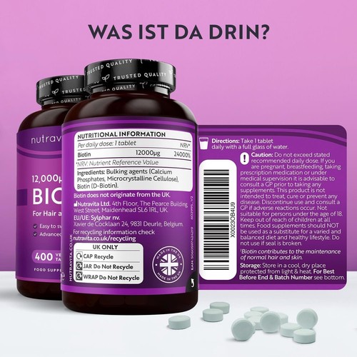 Biotin hochdosiert 12.000 mcg Haarwachstum Haut Nägel 400 Tabletten – Vegan - Bild 3 von 5