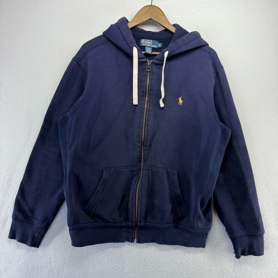 Felpa Ralph Lauren vintage uomo XL blu zip cappuccio invecchiato sbiadito pony