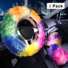 3pcs Warm 15 Car Steering Wheel Cover Furry Fluffy Universal Fur Wool Colorful