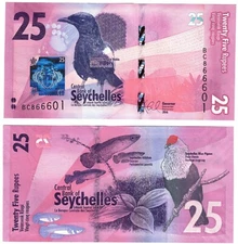 2016 Seychelles P48 25 Rupees Banknote UNC Birds Flowers Magpie Robin