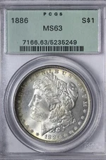 BU 1886 Morgan Silver Dollar PCGS MS63 OGH Rim Toning RLM
