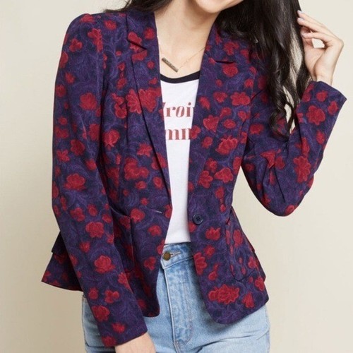 Modcloth Blue Purple Multi Color Floral Brocade Ruffle Peplum Blazer Jacket L - Picture 11 of 11