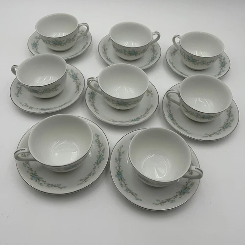 Vintage Royal Court Blue Fantasy Fine China Japan Teacups and Saucers 8 Sets