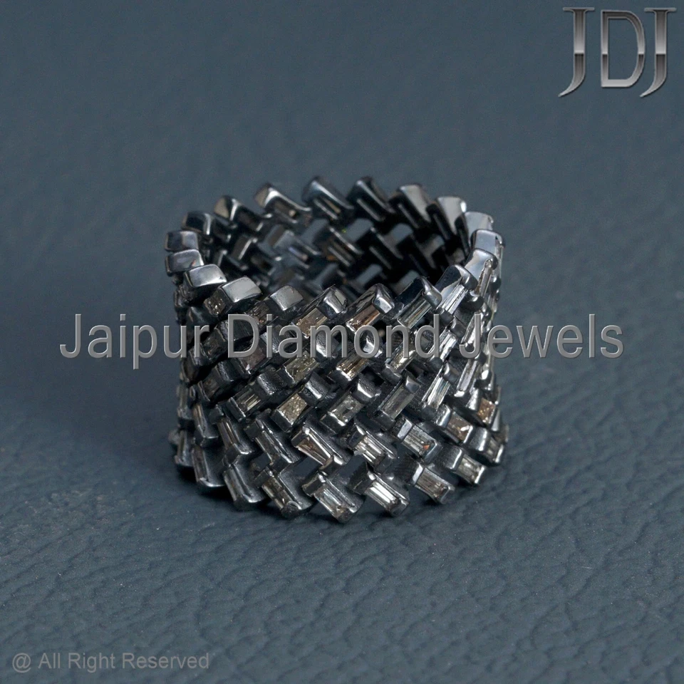 925 Silver Band Natural Baguette Diamond Ring Handmade Statement Jewelry Ring - Image 2 of 4