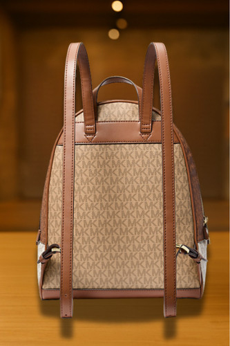 Michael Kors Rhea Women Medium Color-Block Logo Zip Pocket Backpack Camel Multi - Picture 13 of 17