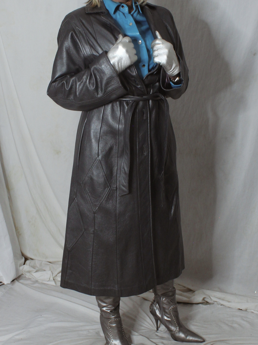 Womens Leather Trench Coat Silver S-M? Long Lambskin Vintage Womens Leather Trench Coat Silver S-M? Long Lambskin Vintage