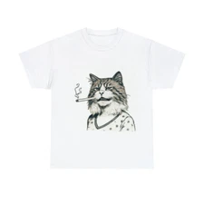 Vintage Style Cat Art T Shirt Adult Hipster Cat SMoking Cigarette Cartoon Tee