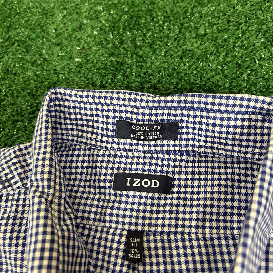 Izod Shirt Mens 16.5 34/35 Blue White Check Button Up Long Sleeve Cool-Fx Slim - Image 3 of 4