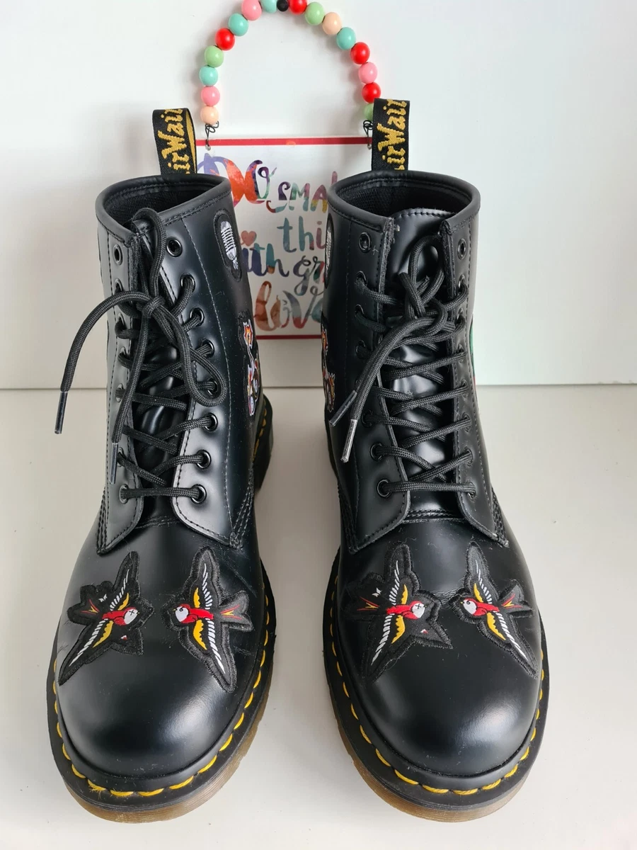 Dr Martens 1460 black Patch tattoo 8 hole birds ankle boots UK 10 EU 45 US 11