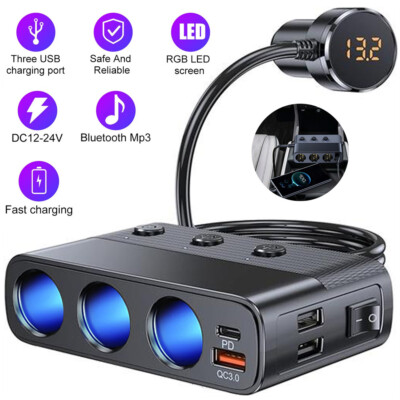 3 Way Car Cigarette Lighter Socket Splitter USB Fast Charger Power Adapter 12V