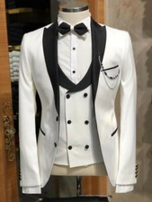 Men White 3 Piece Suit Black Peak Lapel Groom Tuxedos Wedding Prom Formal Suit
